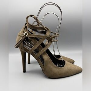 Qupid Olive Green Suede Lace-Up Pointed Toe Heels Tassel Ankle Tie Size 9